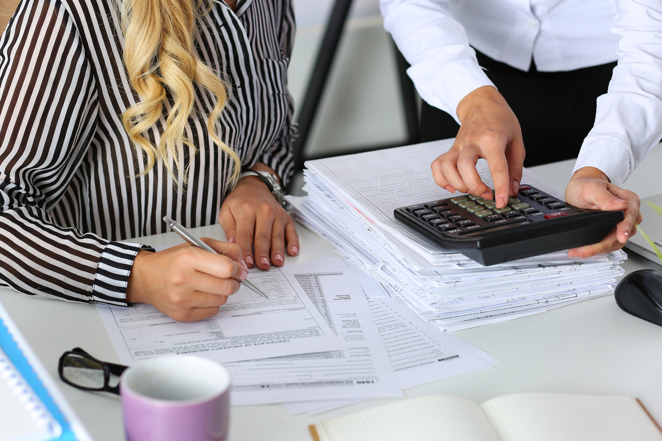 Two Female Accountants Counting On Calculator